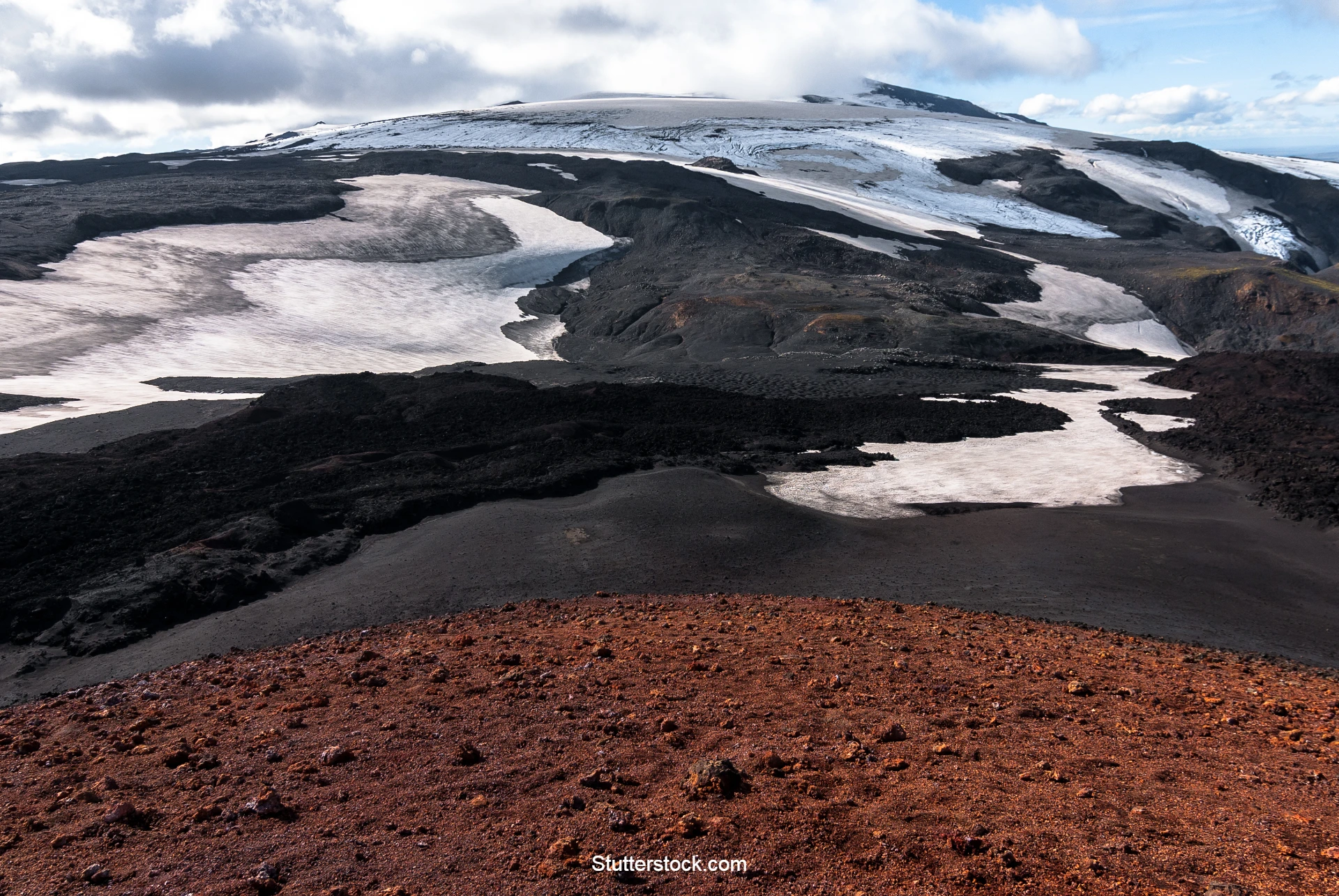 View from a volcanic crater towards Eyjafjallajökull glacier on the Laugavegur Trail